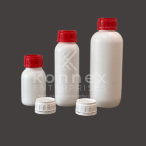 Industrial grade HDPE Red Cap Bottles in 250ml, 500ml, and 1000ml sizes.