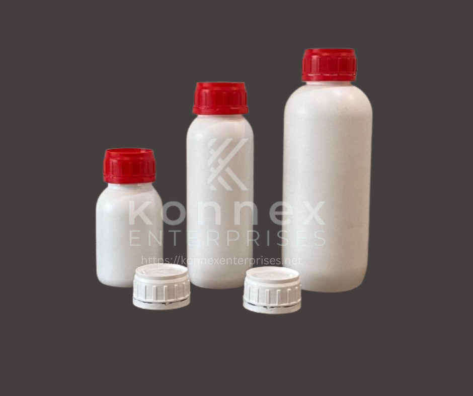Industrial grade HDPE Red Cap Bottles in 250ml, 500ml, and 1000ml sizes.