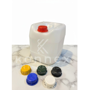 White Stackable HDPE Jerry Cans in 16-liter capacity with a variety of colored tamper-evident caps.