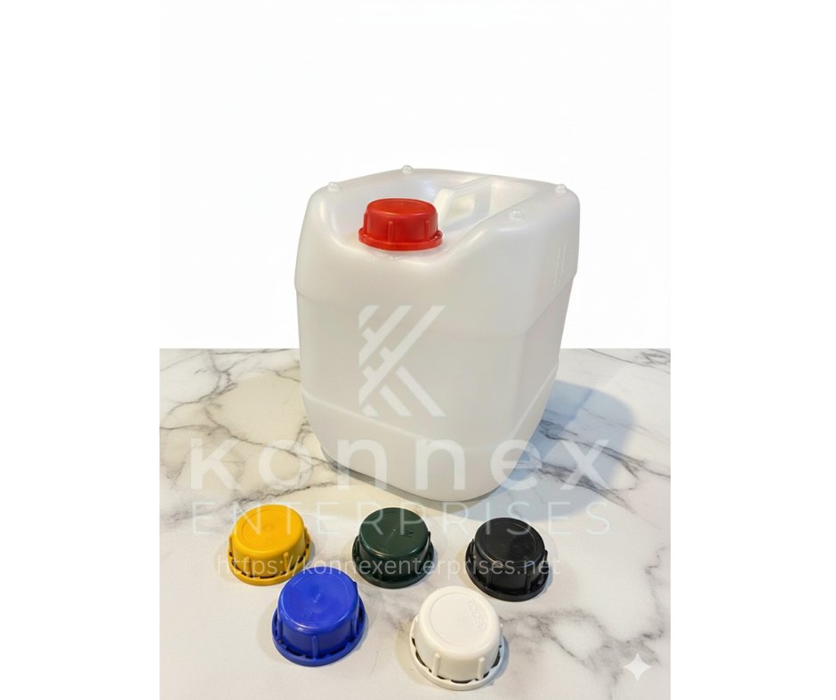 White Stackable HDPE Jerry Cans in 16-liter capacity with a variety of colored tamper-evident caps.