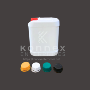 White 4L Stackable Jerry Can made of HDPE with various colored screw caps including red, yellow, and green.