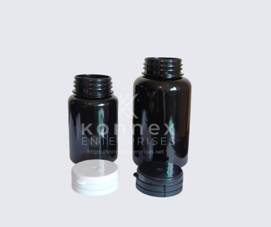 Two black PET Capsule Jars in 120cc and 200cc sizes with flip-top lids.