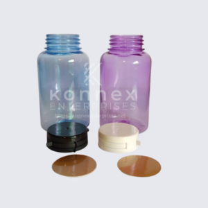 Transparent blue and purple PET Capsule Jars for tablets and supplements.