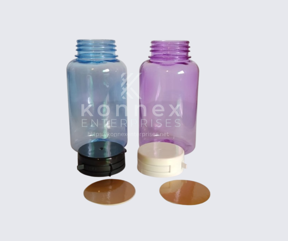 Transparent blue and purple PET Capsule Jars for tablets and supplements.