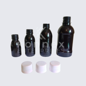 A range of four Amber PET Syrup Bottles in 30ml 60ml 120ml and 240ml sizes.