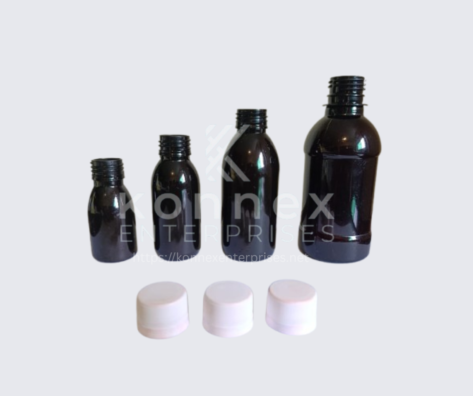 A range of four Amber PET Syrup Bottles in 30ml 60ml 120ml and 240ml sizes.