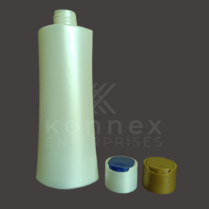 250ml plastic shampoo bottle in white shown with white blue and metallic olive gold flip top caps