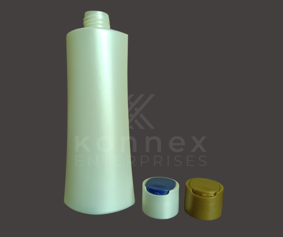 250ml plastic shampoo bottle in white shown with white blue and metallic olive gold flip top caps