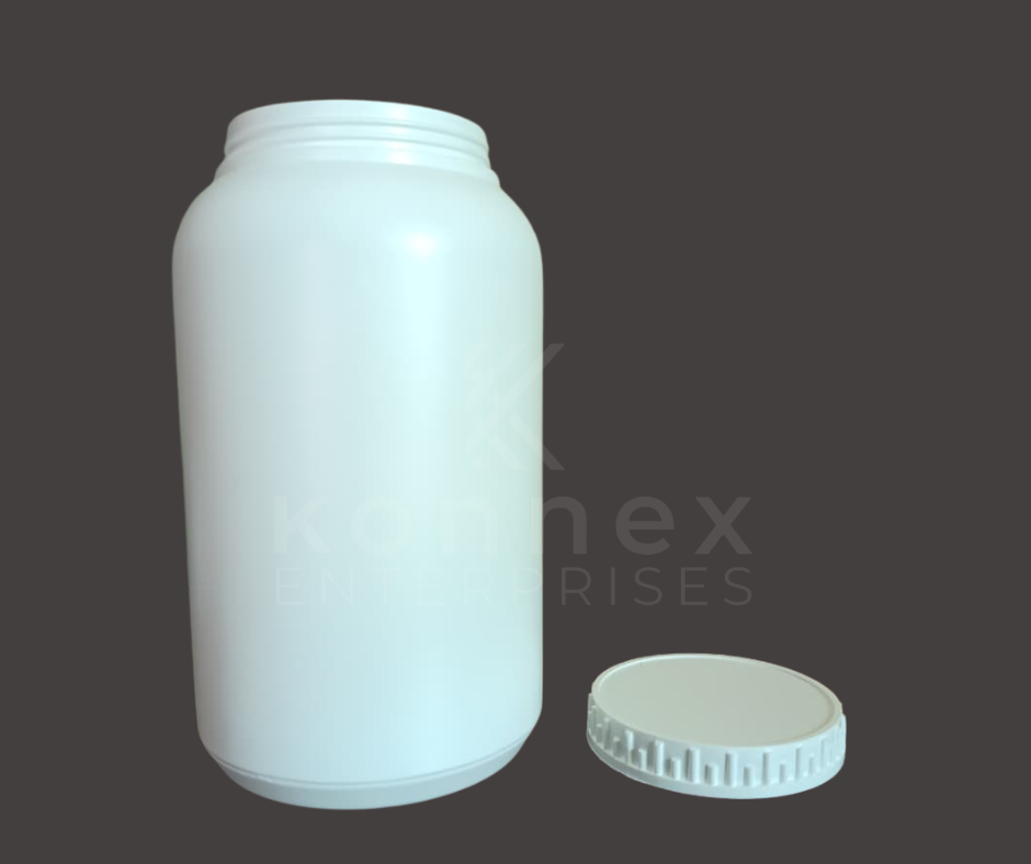 1000gm hdpe powder jar in white plastic with wide mouth and ribbed screw cap