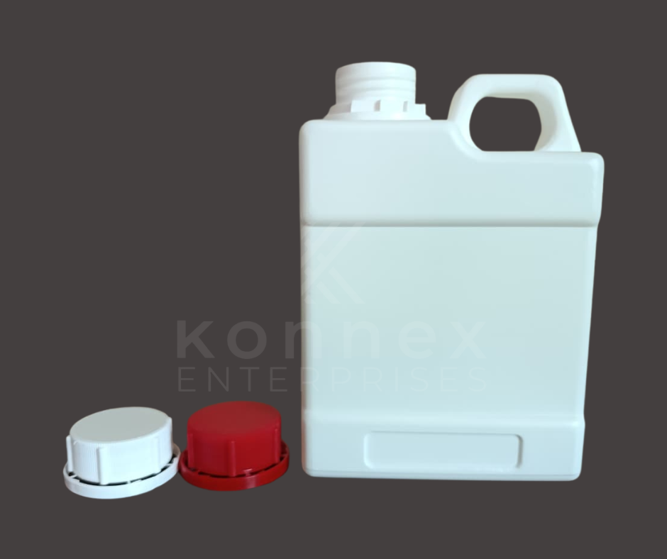 1l hdpe jerry can in white plastic with handle and white and red tamper evident caps